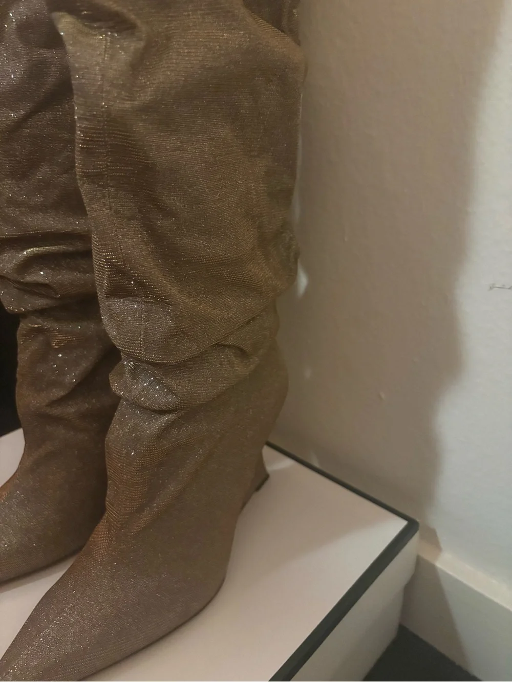 NEW Steve Madden gold Distortion knee-high slouch wedge boots